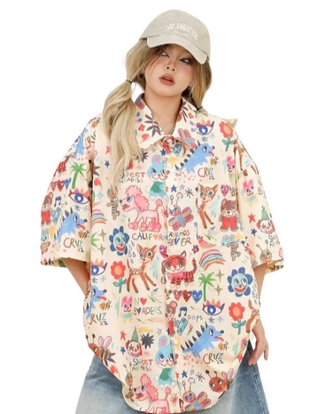 Női rövid ujjú ing Cartoon mintával, polo gallérral, poliészter, nyár 2025