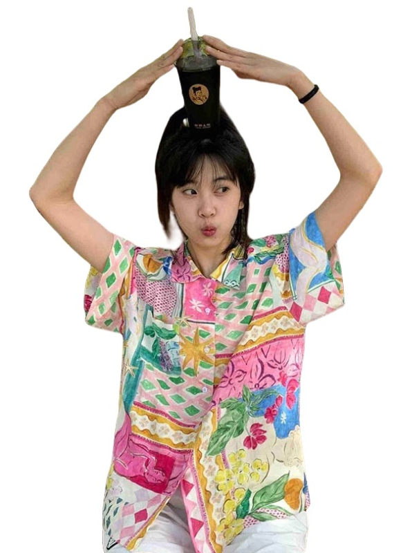 Női rövid ujjú ing Cartoon mintával, polo gallérral, poliészter, nyár 2025