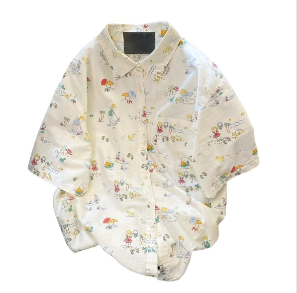 Női rövid ujjú ing Cartoon mintával, polo gallérral, poliészter, nyár 2025