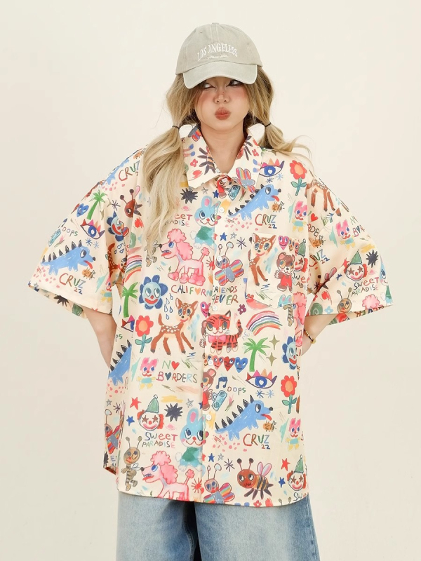 Női rövid ujjú ing Cartoon mintával, polo gallérral, poliészter, nyár 2025