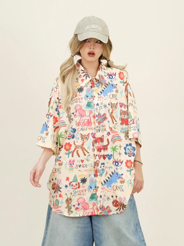 Női rövid ujjú ing Cartoon mintával, polo gallérral, poliészter, nyár 2025