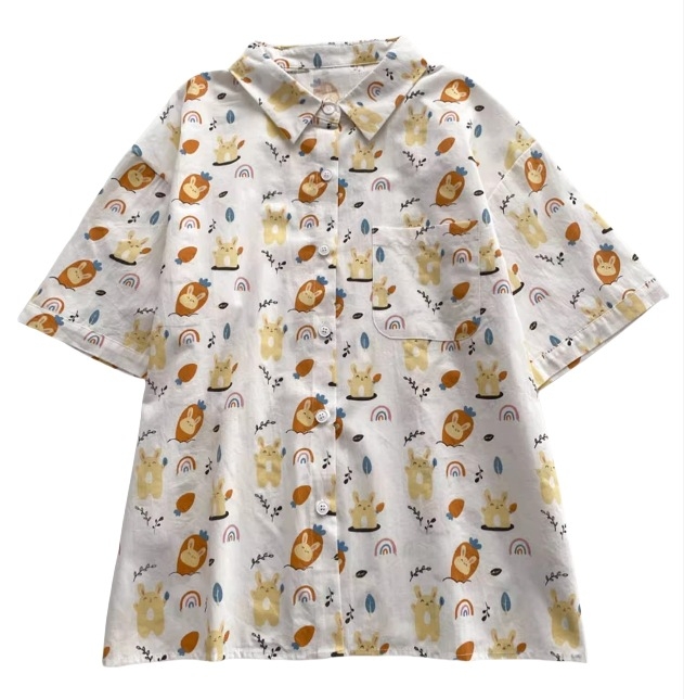 Női rövid ujjú ing Cartoon mintával, polo gallérral, poliészter, nyár 2025