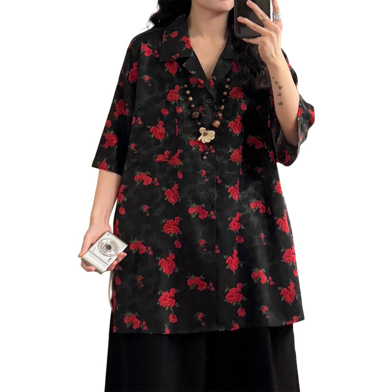 Női rövid ujjú ing Cartoon mintával, polo gallérral, poliészter, nyár 2025