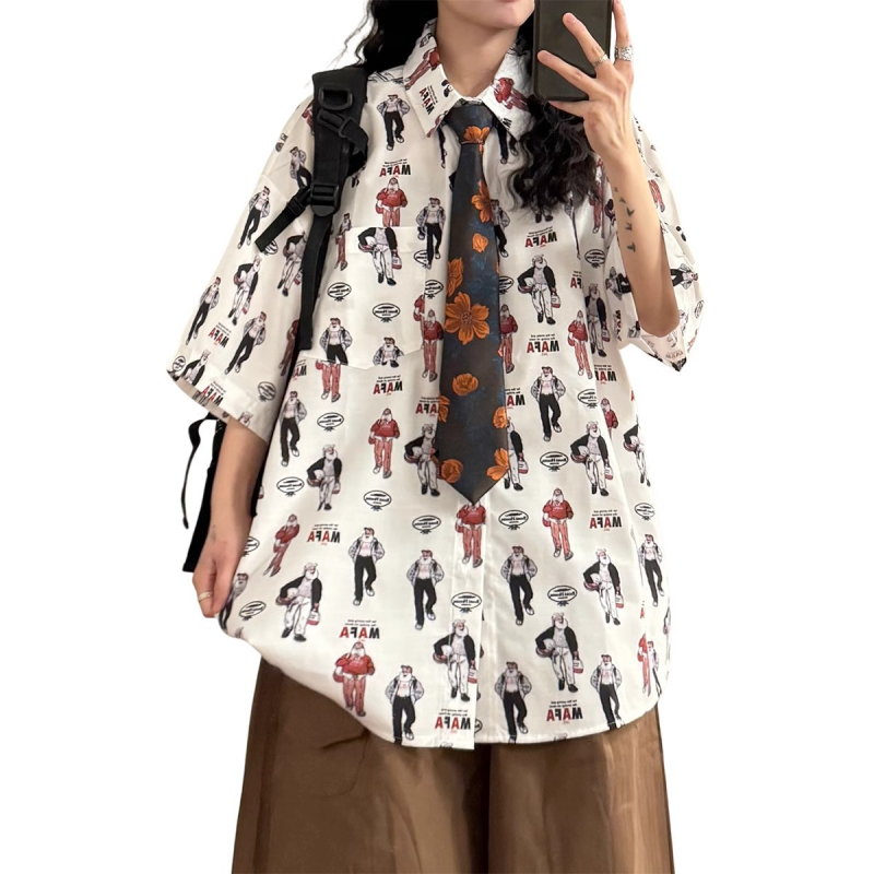 Női rövid ujjú ing Cartoon mintával, polo gallérral, poliészter, nyár 2025