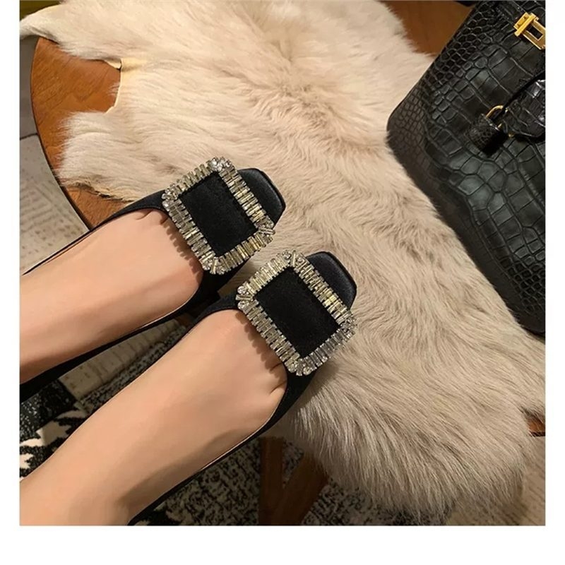 Ženske satenske ravne cipele s četvrtastim nosom, štras dekorom i četvrtastom kopčom, niski pet, za svakodnevnu upotrebu