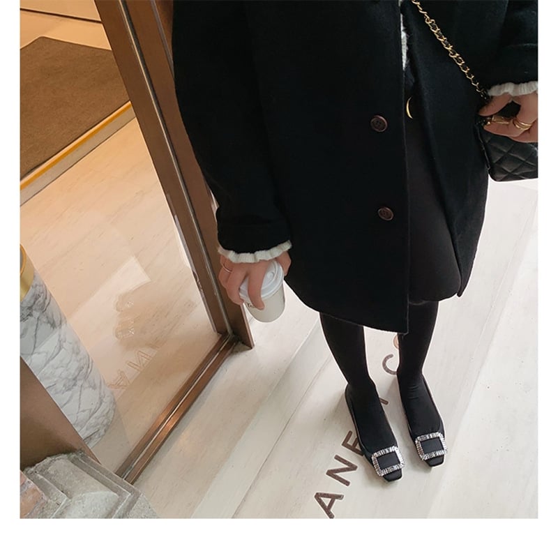 Ženske satenske ravne cipele s četvrtastim nosom, štras dekorom i četvrtastom kopčom, niski pet, za svakodnevnu upotrebu