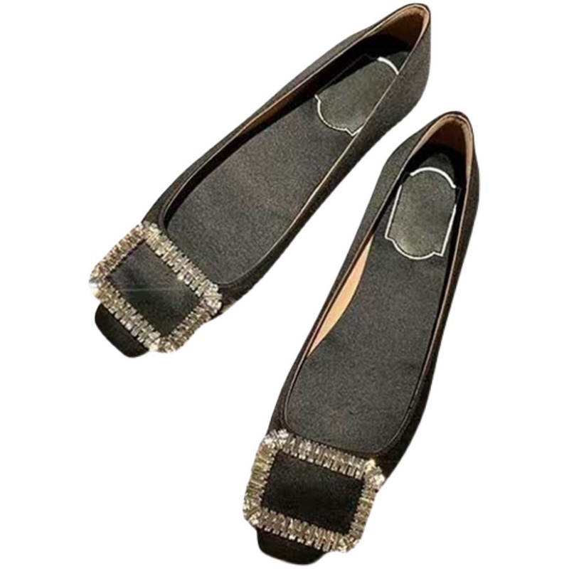 Ženske satenske ravne cipele s četvrtastim nosom, štras dekorom i četvrtastom kopčom, niski pet, za svakodnevnu upotrebu