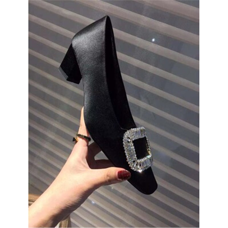 Ženske satenske ravne cipele s četvrtastim nosom, štras dekorom i četvrtastom kopčom, niski pet, za svakodnevnu upotrebu