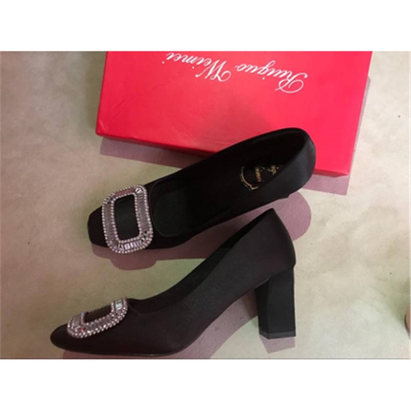 Ženske satenske ravne cipele s četvrtastim nosom, štras dekorom i četvrtastom kopčom, niski pet, za svakodnevnu upotrebu