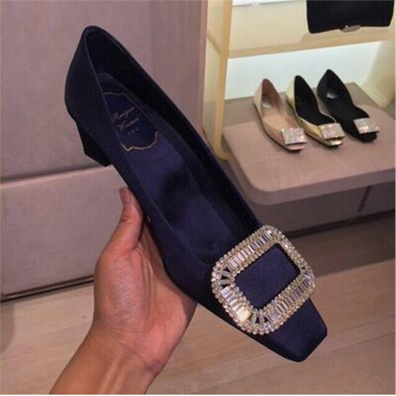 Ženske satenske ravne cipele s četvrtastim nosom, štras dekorom i četvrtastom kopčom, niski pet, za svakodnevnu upotrebu