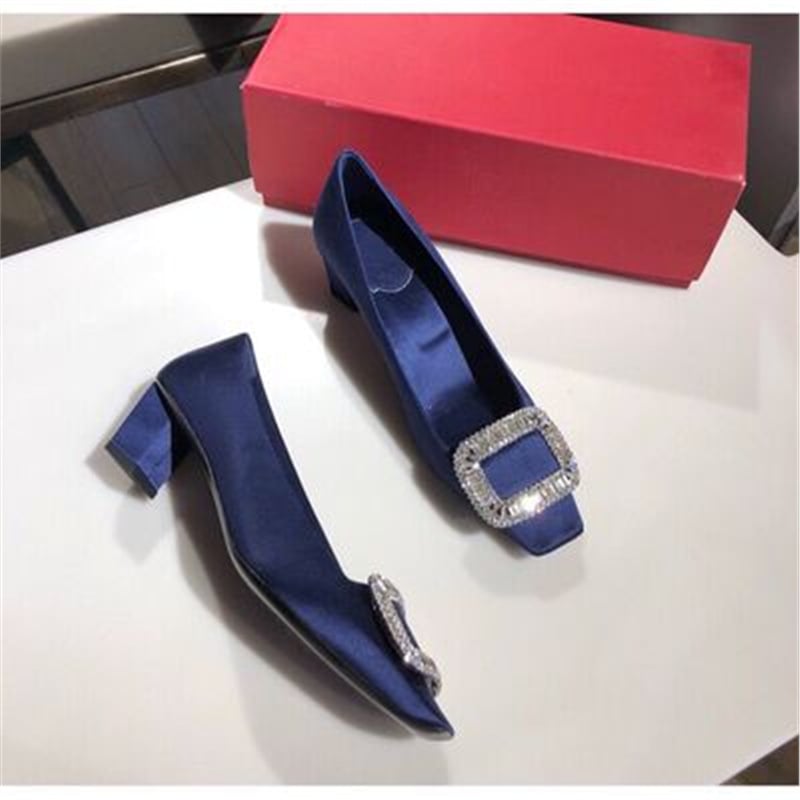 Ženske satenske ravne cipele s četvrtastim nosom, štras dekorom i četvrtastom kopčom, niski pet, za svakodnevnu upotrebu