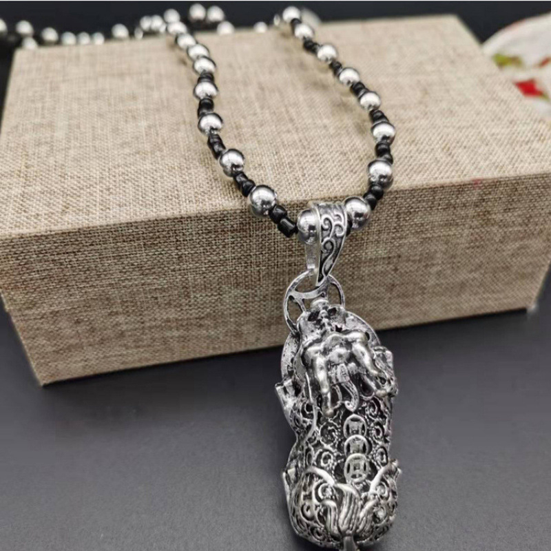 Pulóverlánc geometriás kockás mintával és ötvözet medállal, golyó lánc, uniszex retro hosszú nyaklánc, 21–50 cm, 11 cm hosszabbítás