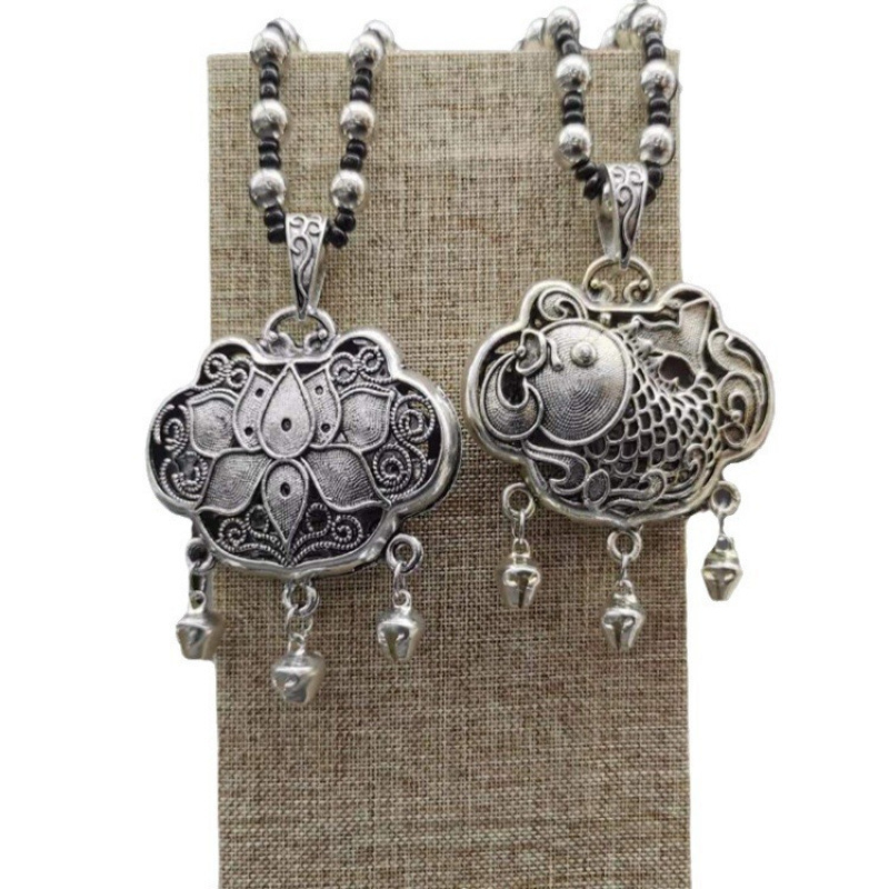 Pulóverlánc geometriás kockás mintával és ötvözet medállal, golyó lánc, uniszex retro hosszú nyaklánc, 21–50 cm, 11 cm hosszabbítás