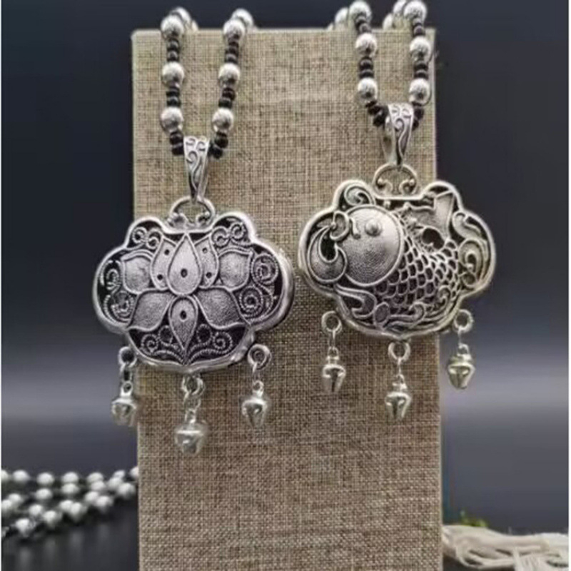 Pulóverlánc geometriás kockás mintával és ötvözet medállal, golyó lánc, uniszex retro hosszú nyaklánc, 21–50 cm, 11 cm hosszabbítás