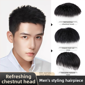 Férfi rövid hajú paróka, valódi emberi hajból, teljesen kézzel szőtt, felső koronai rész, festhető és göndöríthető.