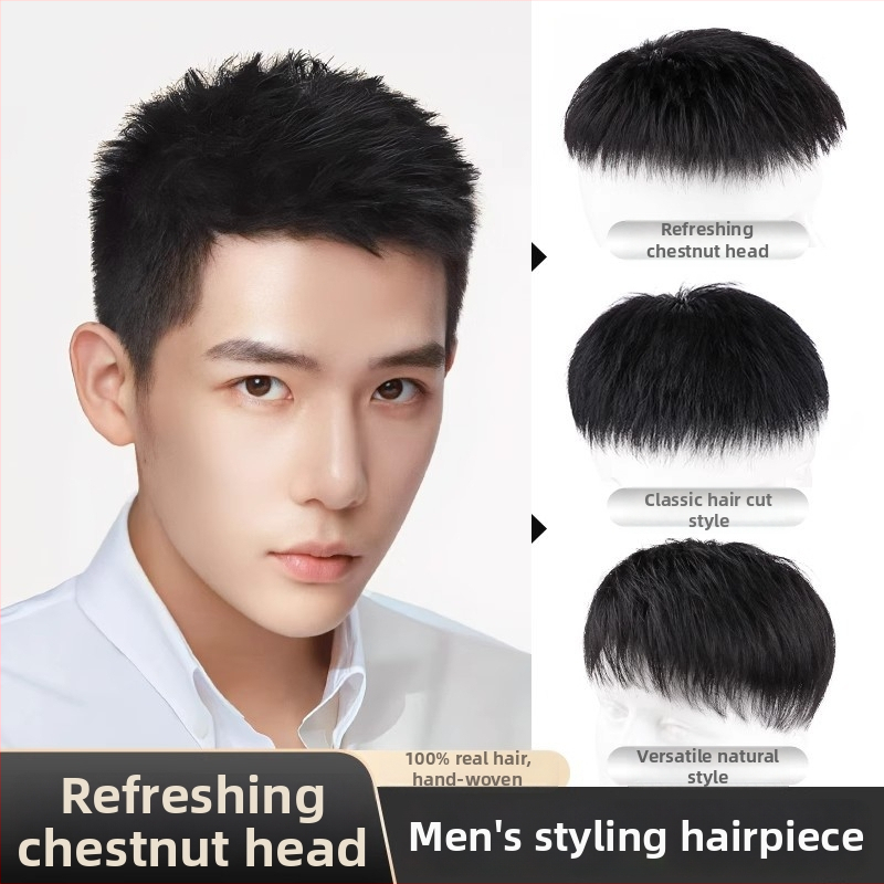 Férfi rövid hajú paróka, valódi emberi hajból, teljesen kézzel szőtt, felső koronai rész, festhető és göndöríthető.