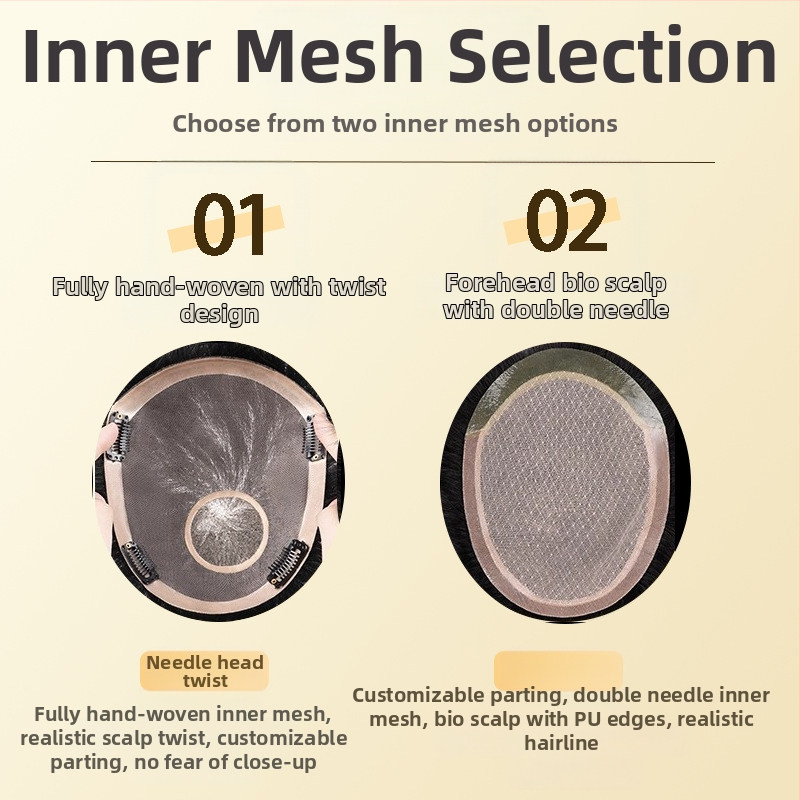 Férfi rövid hajú paróka, valódi emberi hajból, teljesen kézzel szőtt, felső koronai rész, festhető és göndöríthető.