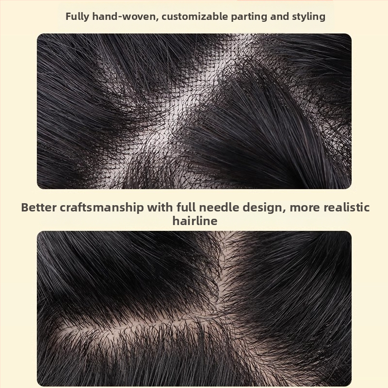 Férfi rövid hajú paróka, valódi emberi hajból, teljesen kézzel szőtt, felső koronai rész, festhető és göndöríthető.