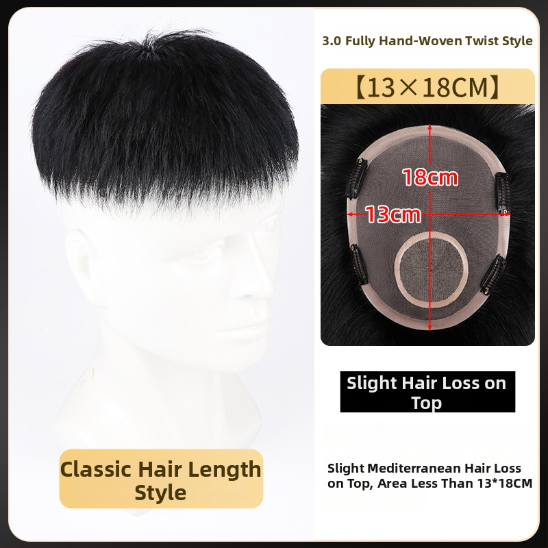 Férfi rövid hajú paróka, valódi emberi hajból, teljesen kézzel szőtt, felső koronai rész, festhető és göndöríthető.