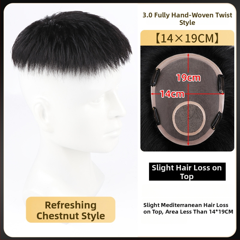 Férfi rövid hajú paróka, valódi emberi hajból, teljesen kézzel szőtt, felső koronai rész, festhető és göndöríthető.