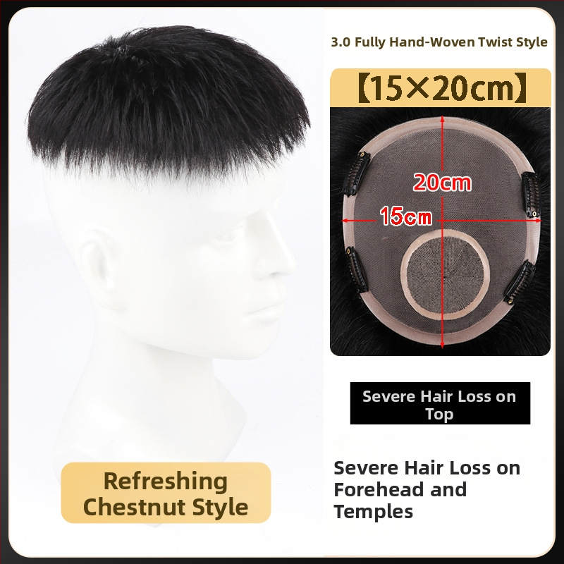 Férfi rövid hajú paróka, valódi emberi hajból, teljesen kézzel szőtt, felső koronai rész, festhető és göndöríthető.