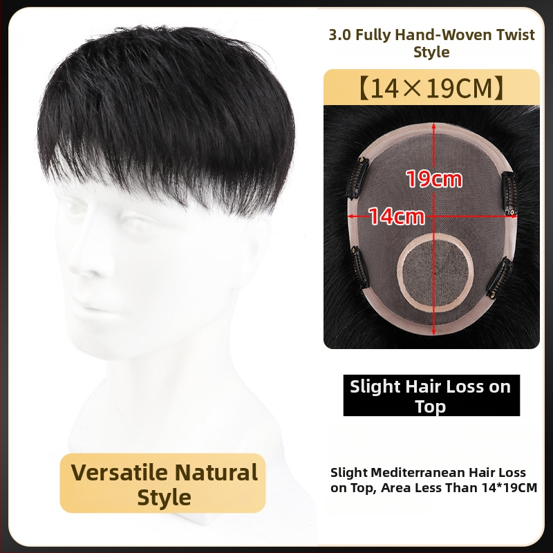 Férfi rövid hajú paróka, valódi emberi hajból, teljesen kézzel szőtt, felső koronai rész, festhető és göndöríthető.