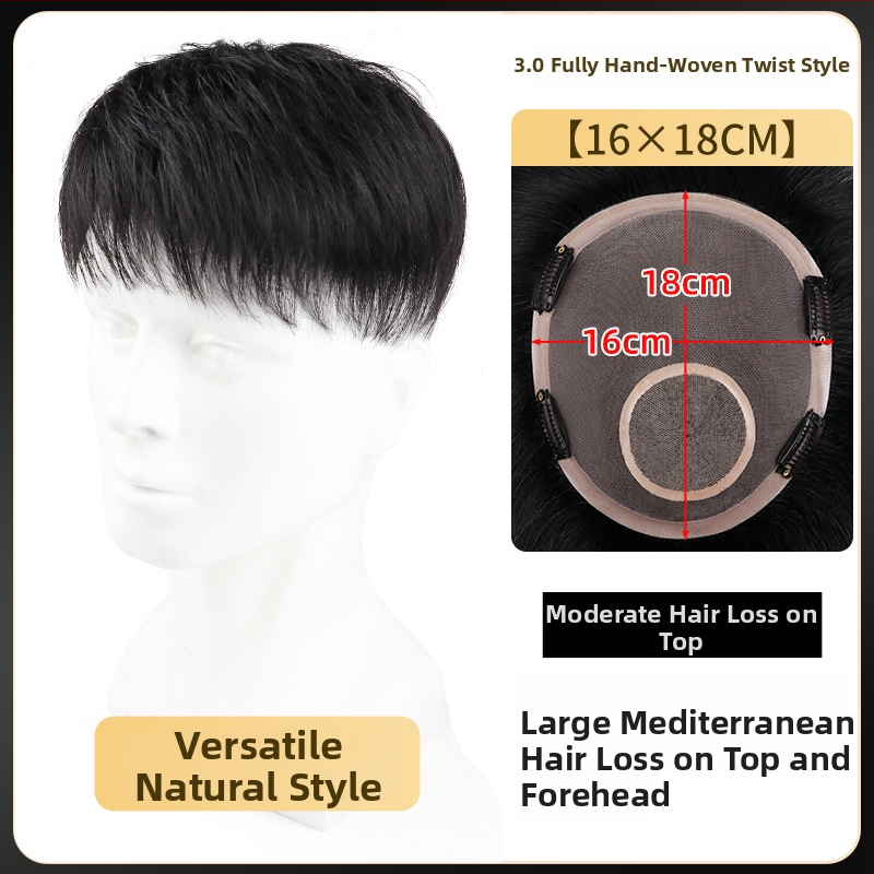 Férfi rövid hajú paróka, valódi emberi hajból, teljesen kézzel szőtt, felső koronai rész, festhető és göndöríthető.