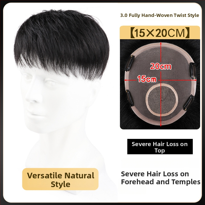 Férfi rövid hajú paróka, valódi emberi hajból, teljesen kézzel szőtt, felső koronai rész, festhető és göndöríthető.