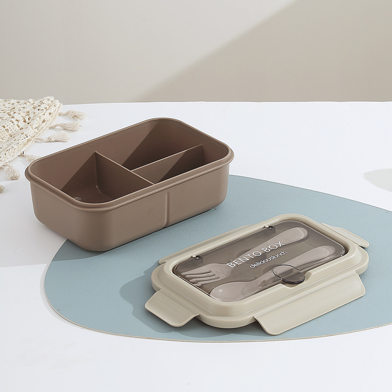 Európai stílusú négyszögletes ebédes doboz, 304 rozsdamentes acél + PP, 3 rekesz, mikróhullámú sütőben használható, dupla réteg, villával és kanállal