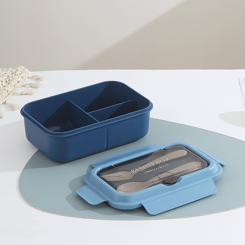 Európai stílusú négyszögletes ebédes doboz, 304 rozsdamentes acél + PP, 3 rekesz, mikróhullámú sütőben használható, dupla réteg, villával és kanállal