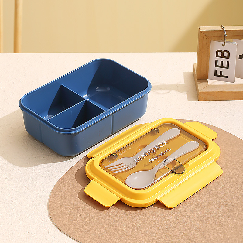 Európai stílusú négyszögletes ebédes doboz, 304 rozsdamentes acél + PP, 3 rekesz, mikróhullámú sütőben használható, dupla réteg, villával és kanállal