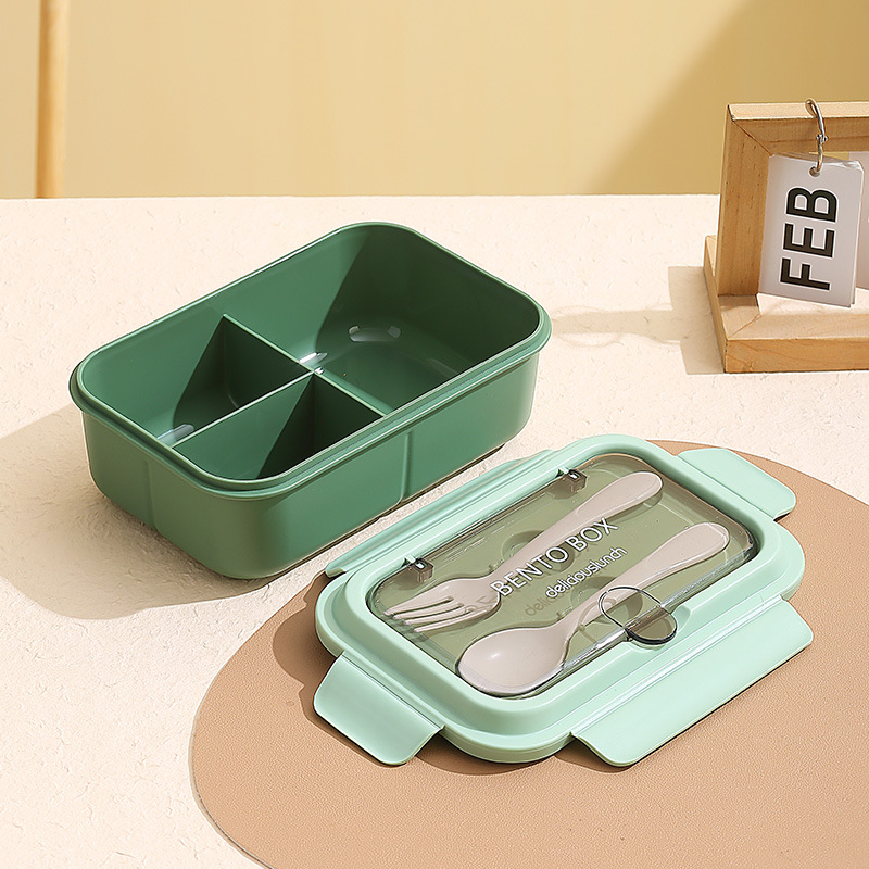 Európai stílusú négyszögletes ebédes doboz, 304 rozsdamentes acél + PP, 3 rekesz, mikróhullámú sütőben használható, dupla réteg, villával és kanállal