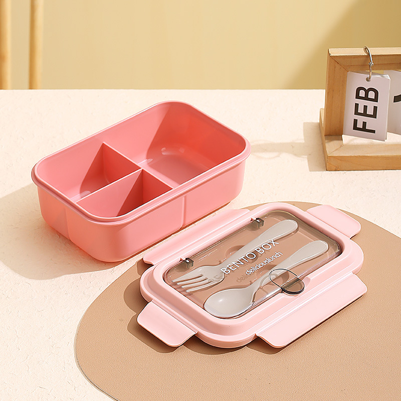 Európai stílusú négyszögletes ebédes doboz, 304 rozsdamentes acél + PP, 3 rekesz, mikróhullámú sütőben használható, dupla réteg, villával és kanállal