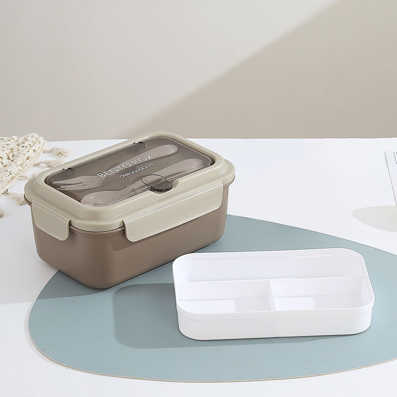 Európai stílusú négyszögletes ebédes doboz, 304 rozsdamentes acél + PP, 3 rekesz, mikróhullámú sütőben használható, dupla réteg, villával és kanállal