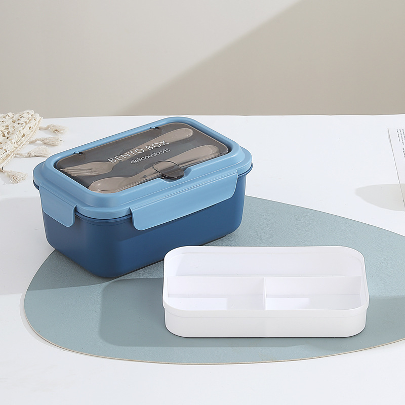 Európai stílusú négyszögletes ebédes doboz, 304 rozsdamentes acél + PP, 3 rekesz, mikróhullámú sütőben használható, dupla réteg, villával és kanállal