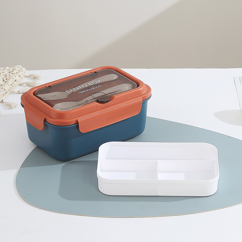 Európai stílusú négyszögletes ebédes doboz, 304 rozsdamentes acél + PP, 3 rekesz, mikróhullámú sütőben használható, dupla réteg, villával és kanállal