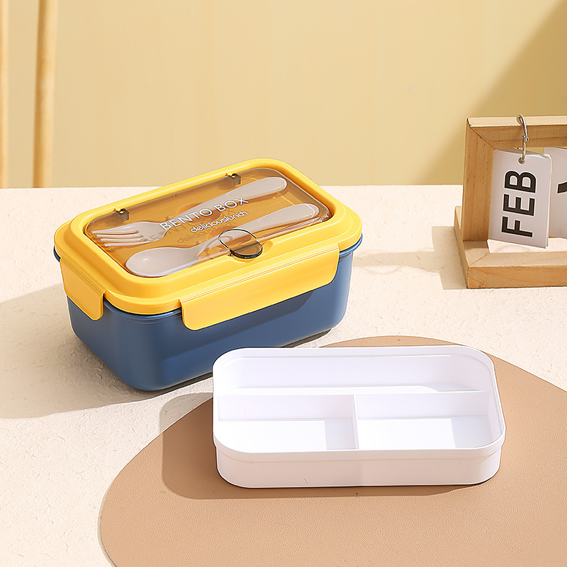 Európai stílusú négyszögletes ebédes doboz, 304 rozsdamentes acél + PP, 3 rekesz, mikróhullámú sütőben használható, dupla réteg, villával és kanállal