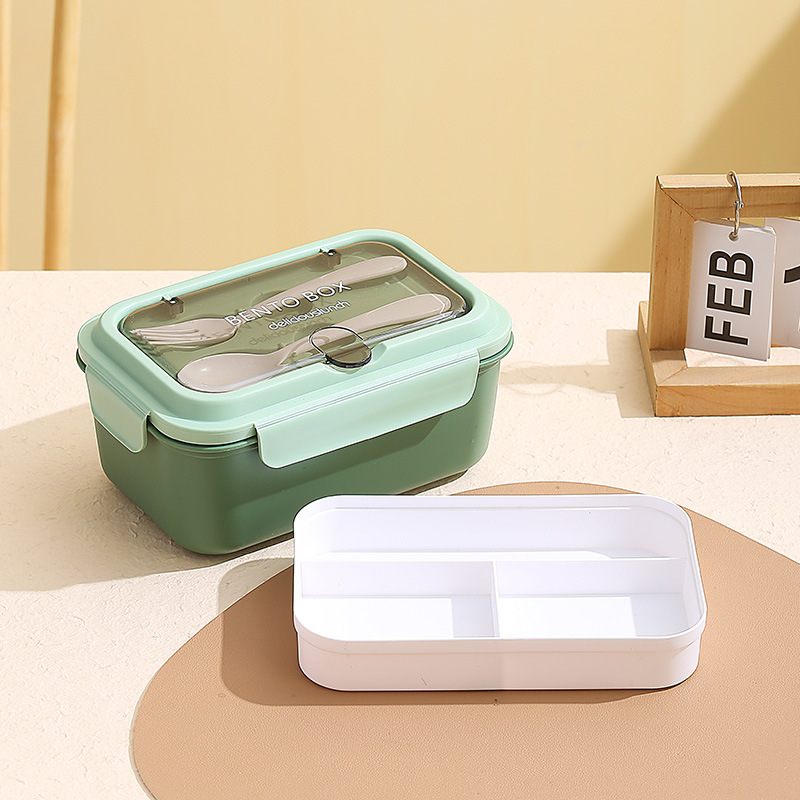 Európai stílusú négyszögletes ebédes doboz, 304 rozsdamentes acél + PP, 3 rekesz, mikróhullámú sütőben használható, dupla réteg, villával és kanállal