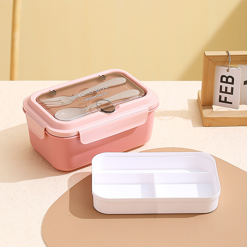 Európai stílusú négyszögletes ebédes doboz, 304 rozsdamentes acél + PP, 3 rekesz, mikróhullámú sütőben használható, dupla réteg, villával és kanállal