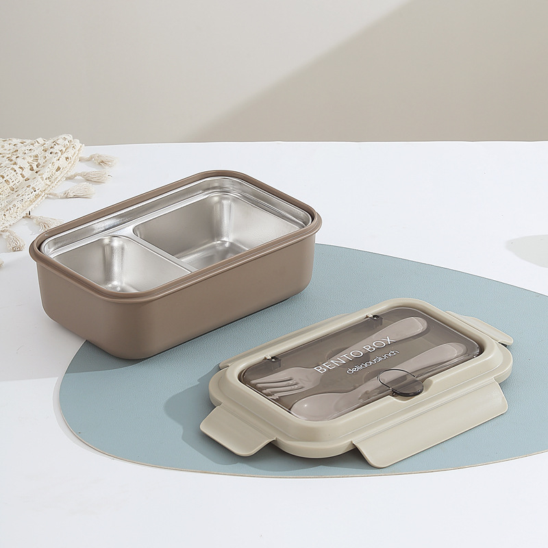 Európai stílusú négyszögletes ebédes doboz, 304 rozsdamentes acél + PP, 3 rekesz, mikróhullámú sütőben használható, dupla réteg, villával és kanállal