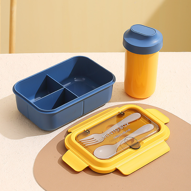 Európai stílusú négyszögletes ebédes doboz, 304 rozsdamentes acél + PP, 3 rekesz, mikróhullámú sütőben használható, dupla réteg, villával és kanállal