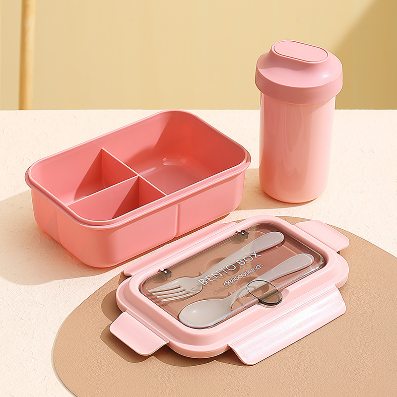 Európai stílusú négyszögletes ebédes doboz, 304 rozsdamentes acél + PP, 3 rekesz, mikróhullámú sütőben használható, dupla réteg, villával és kanállal