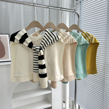 Πλεκτό ζακετάκι με ριγέ διασταυρούμενο φουλάρι και ψεύτικο γιακά (Πολυεστέρας • Απλή Ύφανση • Διατηρεί ζεστασιά και προστασία από τον ήλιο • Άνοιξη–Φθινόπωρο • Tie-Dye)