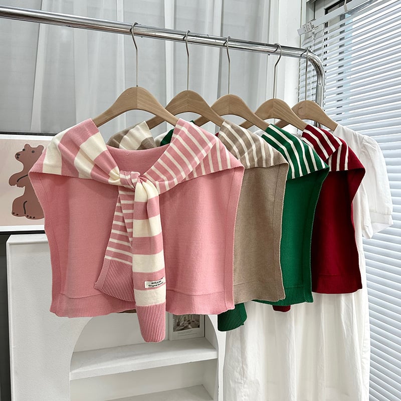 Πλεκτό ζακετάκι με ριγέ διασταυρούμενο φουλάρι και ψεύτικο γιακά (Πολυεστέρας • Απλή Ύφανση • Διατηρεί ζεστασιά και προστασία από τον ήλιο • Άνοιξη–Φθινόπωρο • Tie-Dye)