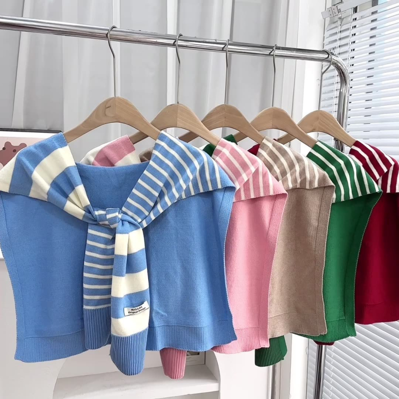 Πλεκτό ζακετάκι με ριγέ διασταυρούμενο φουλάρι και ψεύτικο γιακά (Πολυεστέρας • Απλή Ύφανση • Διατηρεί ζεστασιά και προστασία από τον ήλιο • Άνοιξη–Φθινόπωρο • Tie-Dye)