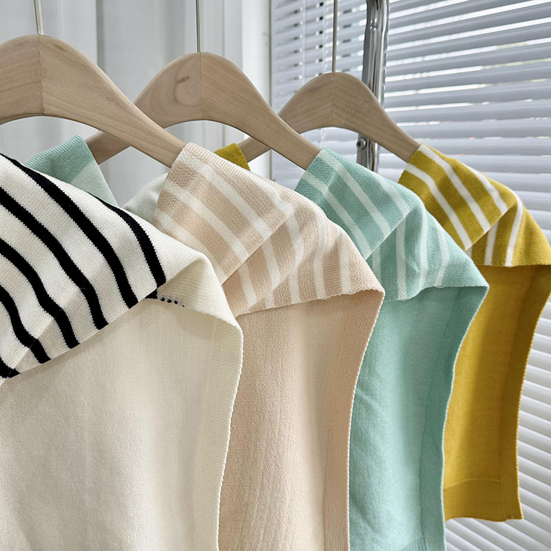 Πλεκτό ζακετάκι με ριγέ διασταυρούμενο φουλάρι και ψεύτικο γιακά (Πολυεστέρας • Απλή Ύφανση • Διατηρεί ζεστασιά και προστασία από τον ήλιο • Άνοιξη–Φθινόπωρο • Tie-Dye)