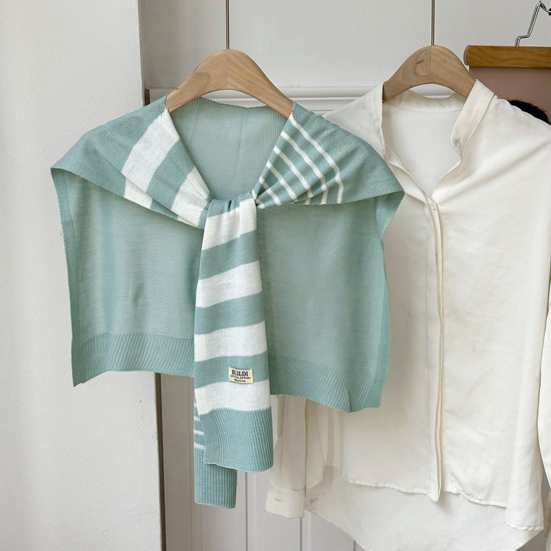 Πλεκτό ζακετάκι με ριγέ διασταυρούμενο φουλάρι και ψεύτικο γιακά (Πολυεστέρας • Απλή Ύφανση • Διατηρεί ζεστασιά και προστασία από τον ήλιο • Άνοιξη–Φθινόπωρο • Tie-Dye)