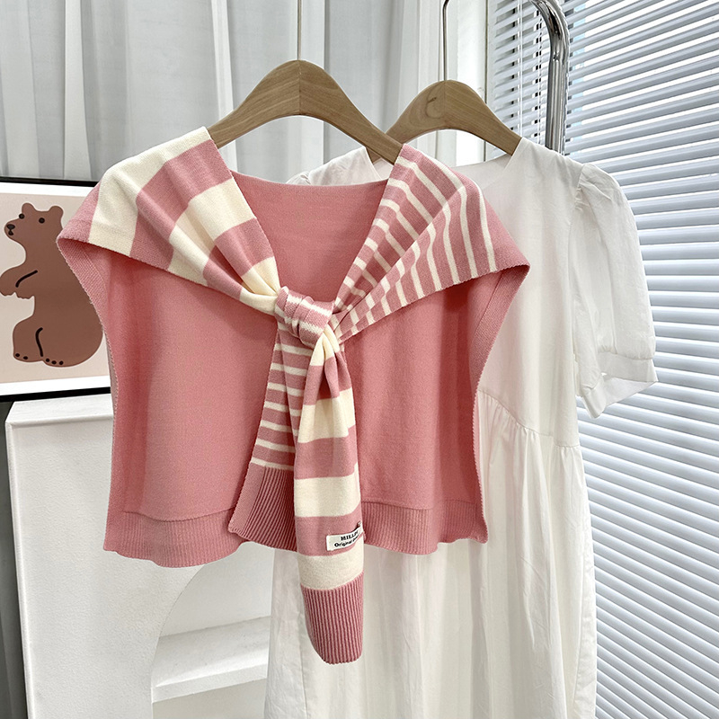 Πλεκτό ζακετάκι με ριγέ διασταυρούμενο φουλάρι και ψεύτικο γιακά (Πολυεστέρας • Απλή Ύφανση • Διατηρεί ζεστασιά και προστασία από τον ήλιο • Άνοιξη–Φθινόπωρο • Tie-Dye)