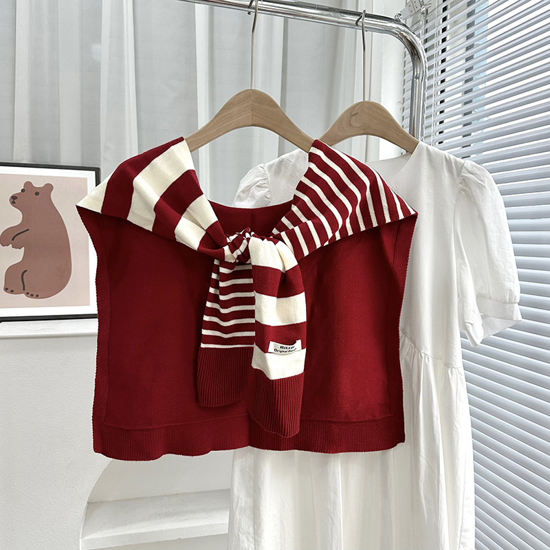 Πλεκτό ζακετάκι με ριγέ διασταυρούμενο φουλάρι και ψεύτικο γιακά (Πολυεστέρας • Απλή Ύφανση • Διατηρεί ζεστασιά και προστασία από τον ήλιο • Άνοιξη–Φθινόπωρο • Tie-Dye)