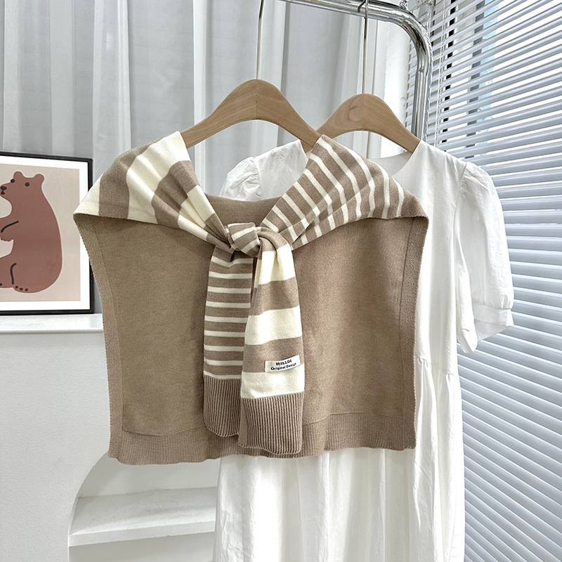 Πλεκτό ζακετάκι με ριγέ διασταυρούμενο φουλάρι και ψεύτικο γιακά (Πολυεστέρας • Απλή Ύφανση • Διατηρεί ζεστασιά και προστασία από τον ήλιο • Άνοιξη–Φθινόπωρο • Tie-Dye)